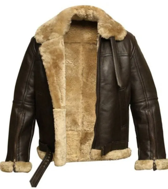 Mens RAF Aviator Real Leather Lambskin Jacket Fully Lined with Beige Faux Fur