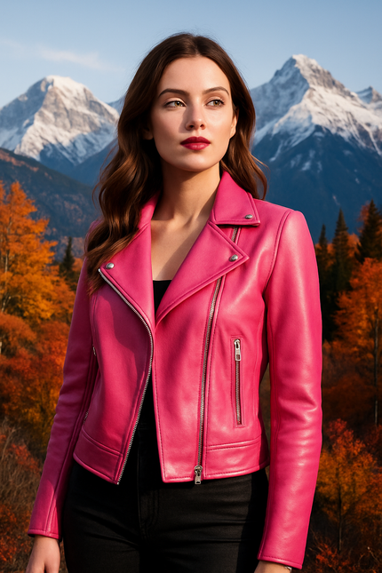 Valentina Womens Pink Leather Biker Jacket