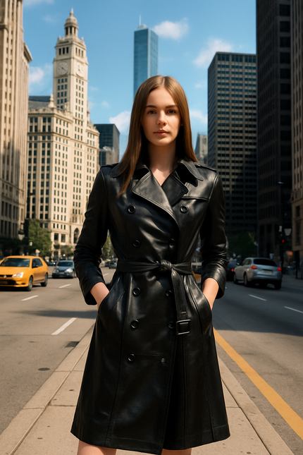 Amani Notch Lapel Collar Double Breasted Black Leather Long Coat Women