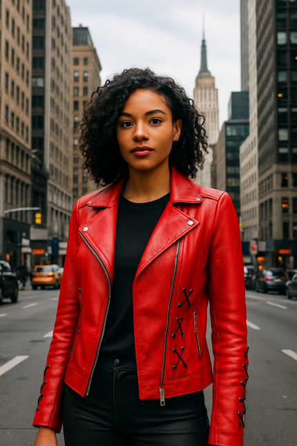 Audra Womens Red Leather Biker Jacket