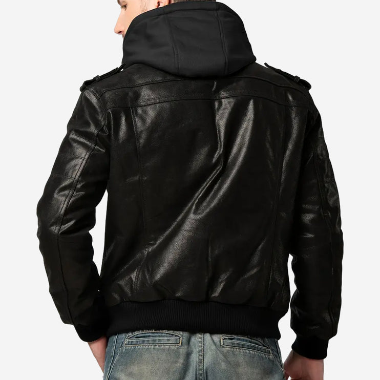 Adler Mens Black Hooded Leather Bomber Jacket