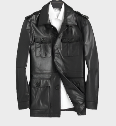 Henry Mens Front Button Black Leather Coat