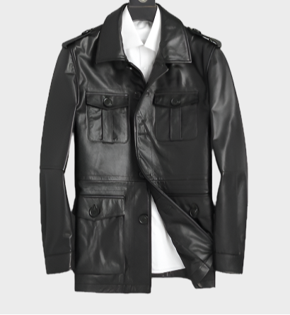 Henry Mens Front Button Black Leather Coat