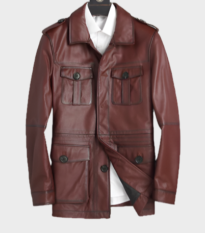 Henry Mens Front Button Distressed Maroon Leather Coat