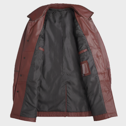 Henry Mens Front Button Distressed Maroon Leather Coat