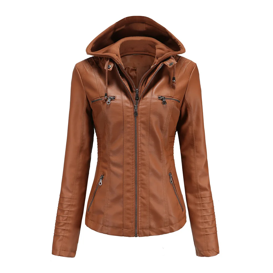 Amelie Womens Hooded Leather Bomber Jacket