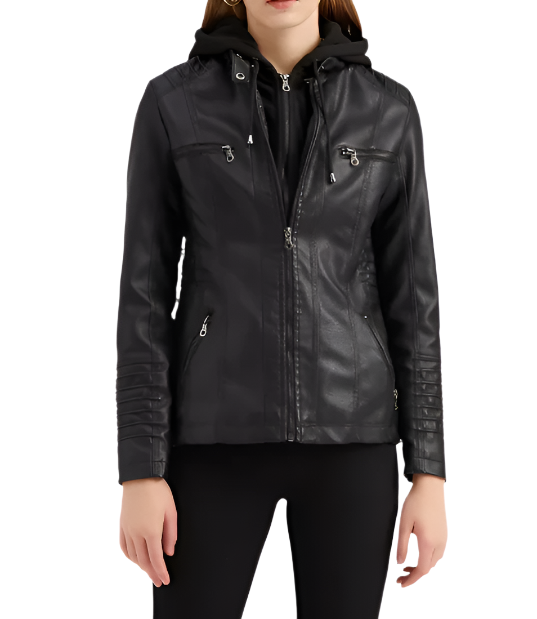 Amelie Womens Hooded Leather Bomber Jacket