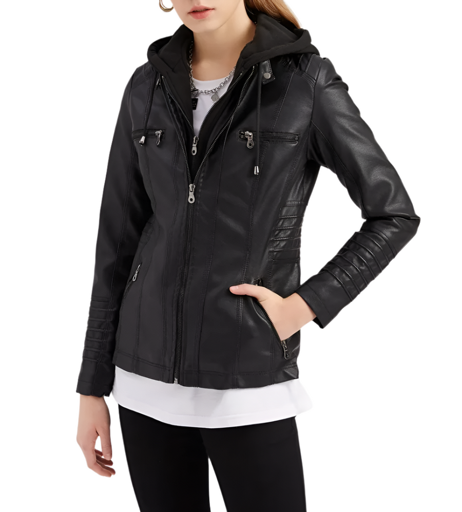 Amelie Womens Hooded Leather Bomber Jacket