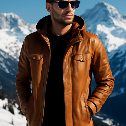 Cortez Men’s 3/4 Length Hooded Leather Coat