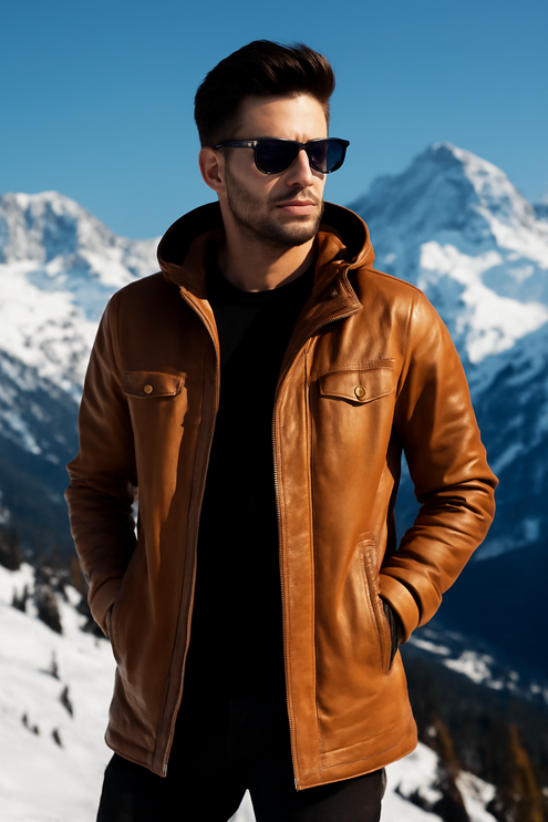 Cortez Men’s 3/4 Length Hooded Leather Coat
