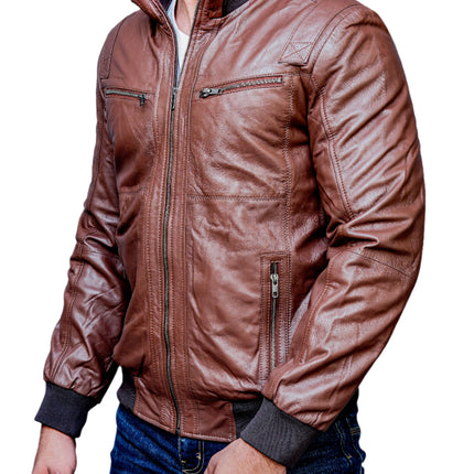 Creed Mens Brown Leather Bomber Jacket