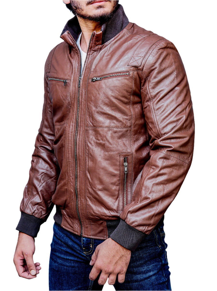 Creed Mens Brown Leather Bomber Jacket