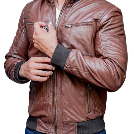 Creed Mens Brown Leather Bomber Jacket