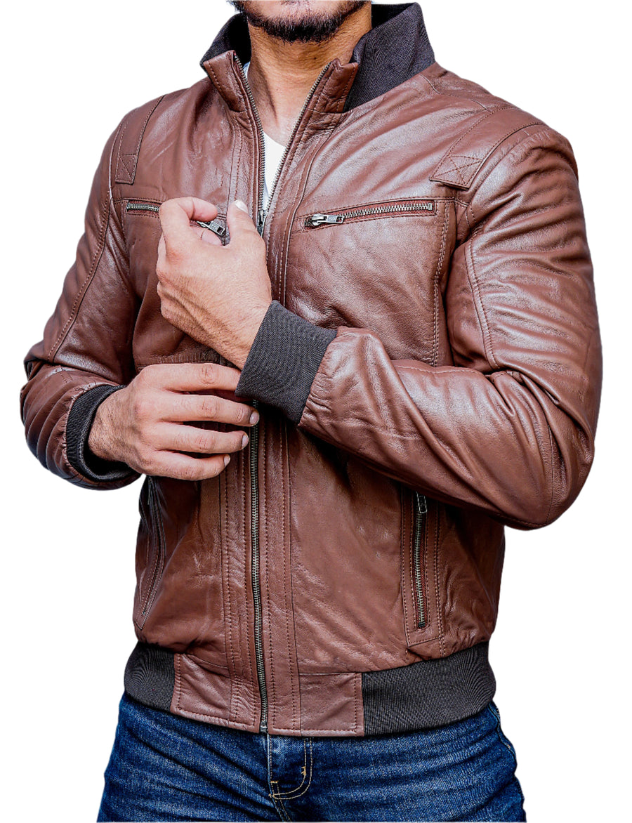 Creed Mens Brown Leather Bomber Jacket