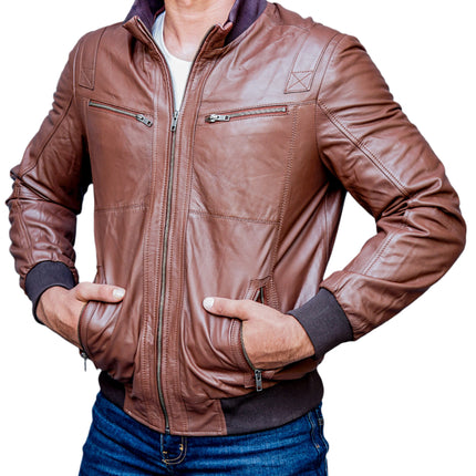 Creed Mens Brown Leather Bomber Jacket