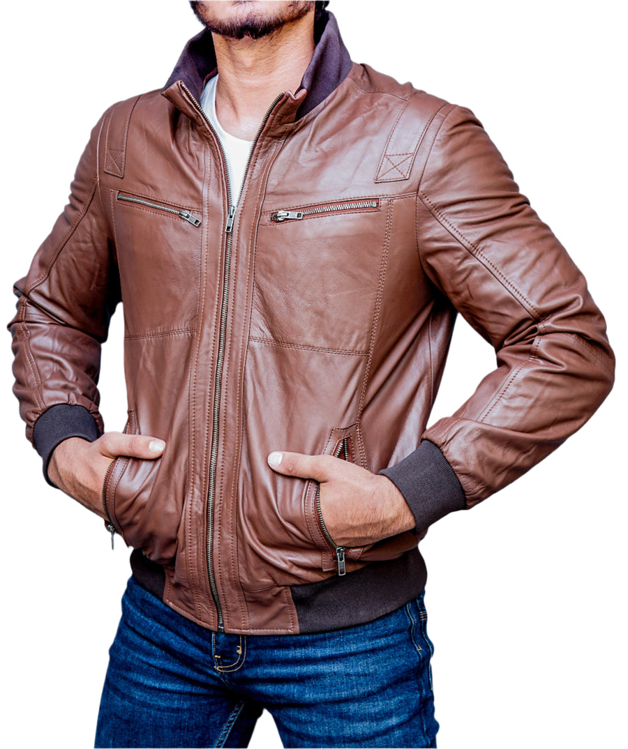 Creed Mens Brown Leather Bomber Jacket