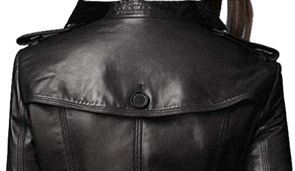 Amani Notch Lapel Collar Double Breasted Black Leather Long Coat Women