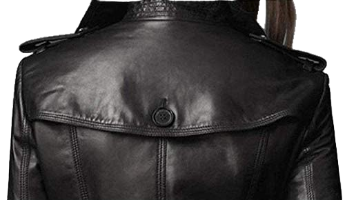 Amani Notch Lapel Collar Double Breasted Black Leather Long Coat Women
