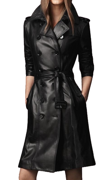 Amani Notch Lapel Collar Double Breasted Black Leather Long Coat Women