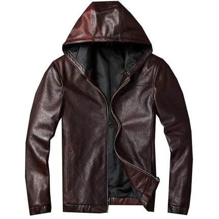 Mens Blake Simple Genuine Lambskin Leather Hooded Bomber Jacket