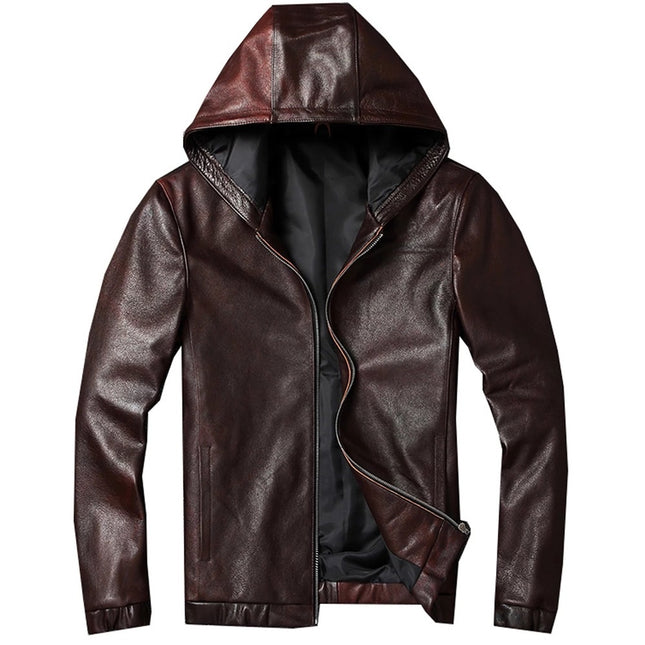 Mens Blake Simple Genuine Lambskin Leather Hooded Bomber Jacket