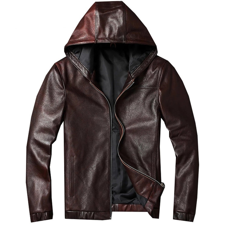 Mens Blake Simple Genuine Lambskin Leather Hooded Bomber Jacket