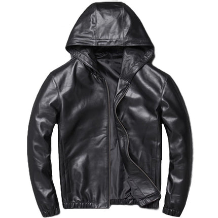 Mens Blake Simple Genuine Lambskin Leather Hooded Bomber Jacket