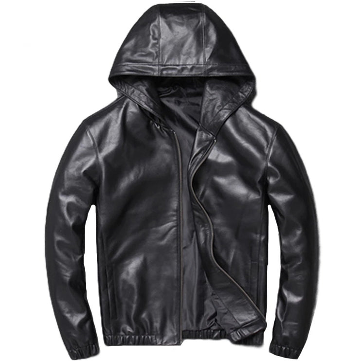 Mens Blake Simple Genuine Lambskin Leather Hooded Bomber Jacket