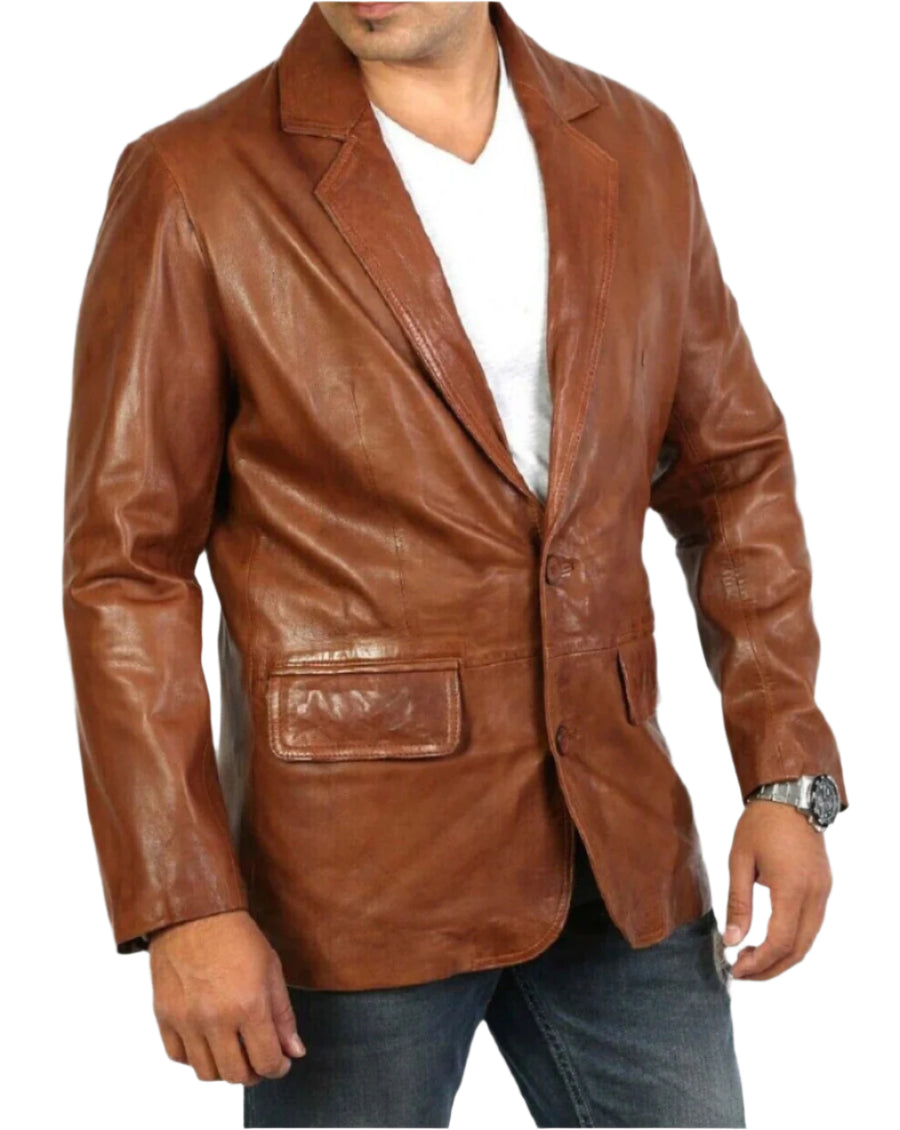 Mens Brown Leather Blazer – Donovan Sharp-Cut Style