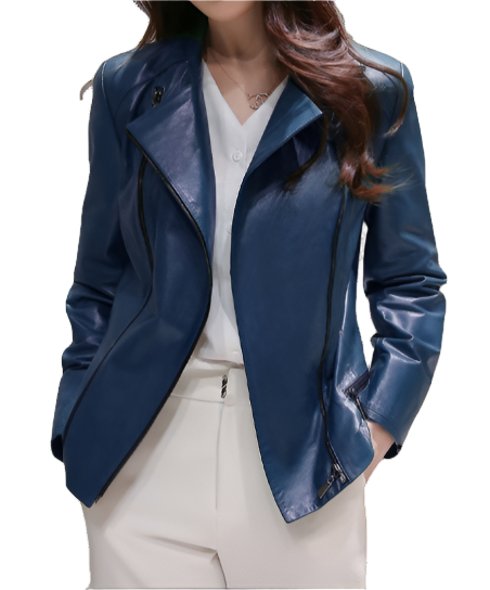 Effie Blue Leather Biker Jacket Womens