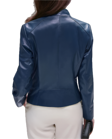 Effie Blue Leather Biker Jacket Womens