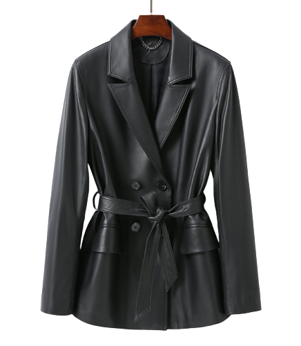 Notch Lapel Collar Double Breasted Black Leather Coat Women