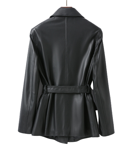 Hope Notch Lapel Collar Double Breasted Black Leather Coat for Women