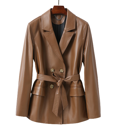Hope Notch Lapel Collar Womens Double Breasted Brown Leather Coat
