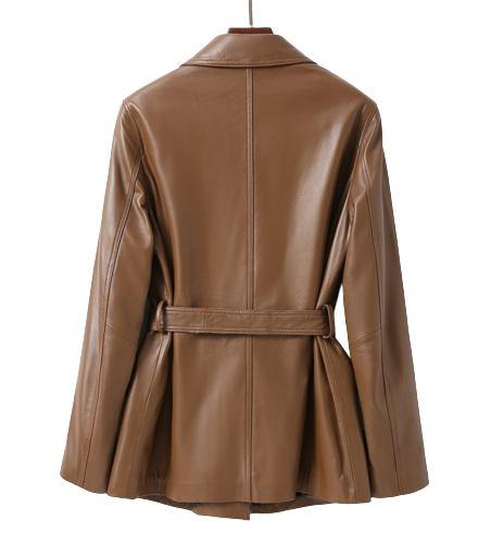 Aliana Notch Lapel Collar Double Breasted Brown Leather Coat Women