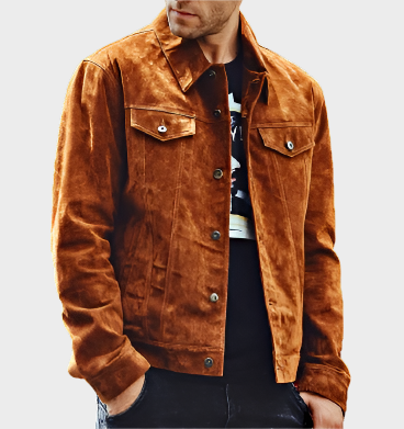 Humbert Mens Front Pocket Tan Suede Trucker Leather Jacket | Premium Quality