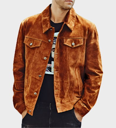 Humbert Men’s Leather Trucker Jacket – Brown Suede Style