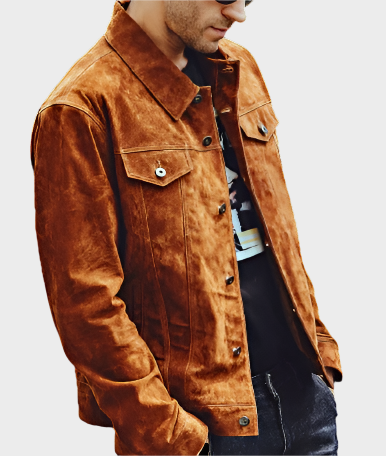 Humbert Mens Front Pocket Tan Suede Trucker Leather Jacket | Premium Quality