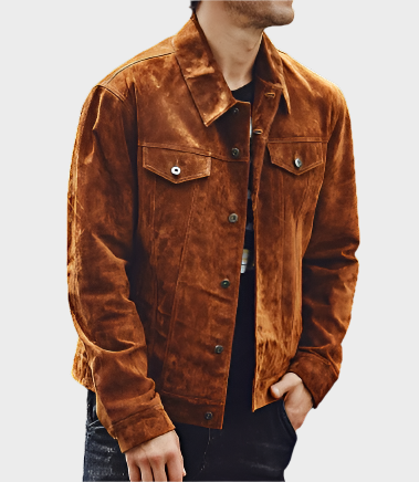 Humbert Mens Front Pocket Tan Suede Trucker Leather Jacket | Premium Quality