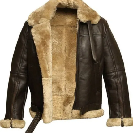 Mens RAF Aviator Real Leather Lambskin Jacket Fully Lined with Beige Faux Fur