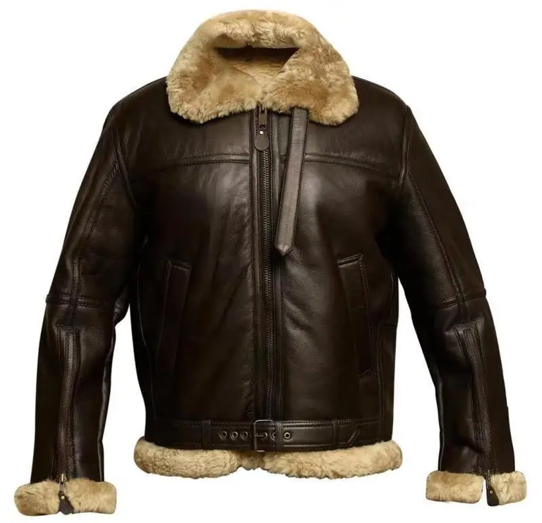 Mens RAF Aviator Real Leather Lambskin Jacket Fully Lined with Beige Faux Fur