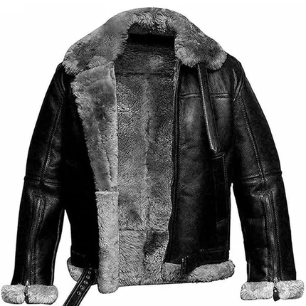 Mens RAF Aviator Real Leather Lambskin Jacket Fully Lined with Grey Faux Fur