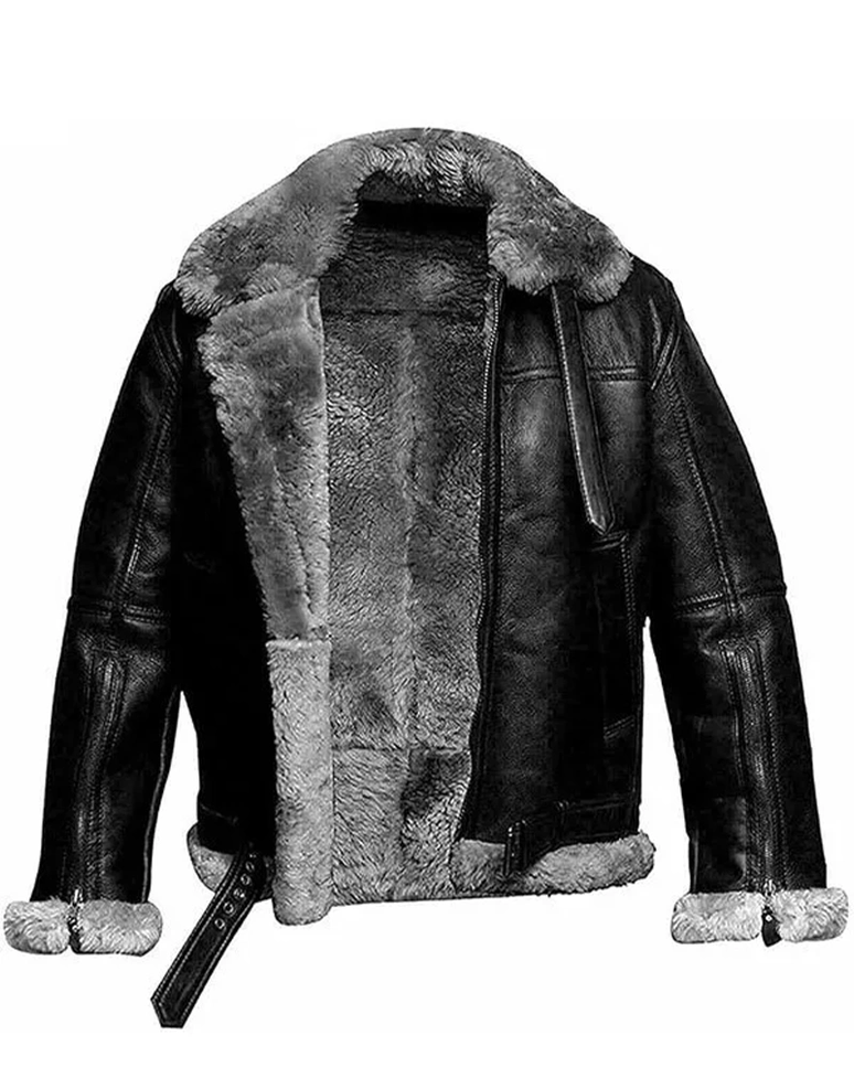 Mens RAF Aviator Real Leather Lambskin Jacket Fully Lined with Grey Faux Fur