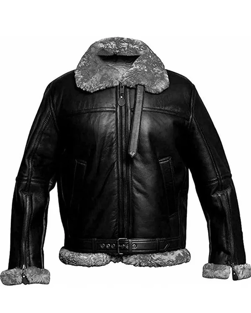 Grey Men Faux Fur Jacket – RAF Aviator Real Leather Lambskin