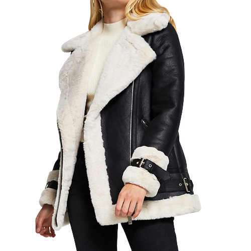 Zoya Womens Black Genuine Lambskin Leather Fur Lined Shearling Aviator Jacket