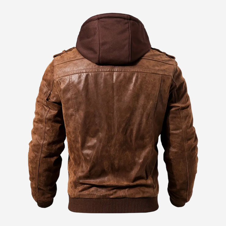 Adler Mens Tan Hooded Leather Bomber Jacket