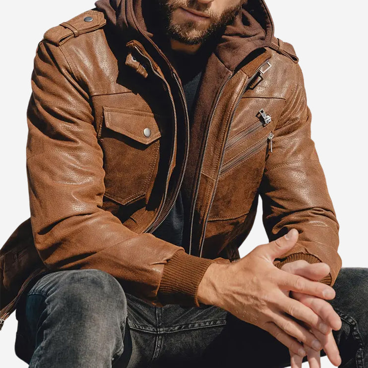 Adler Mens Tan Hooded Leather Bomber Jacket