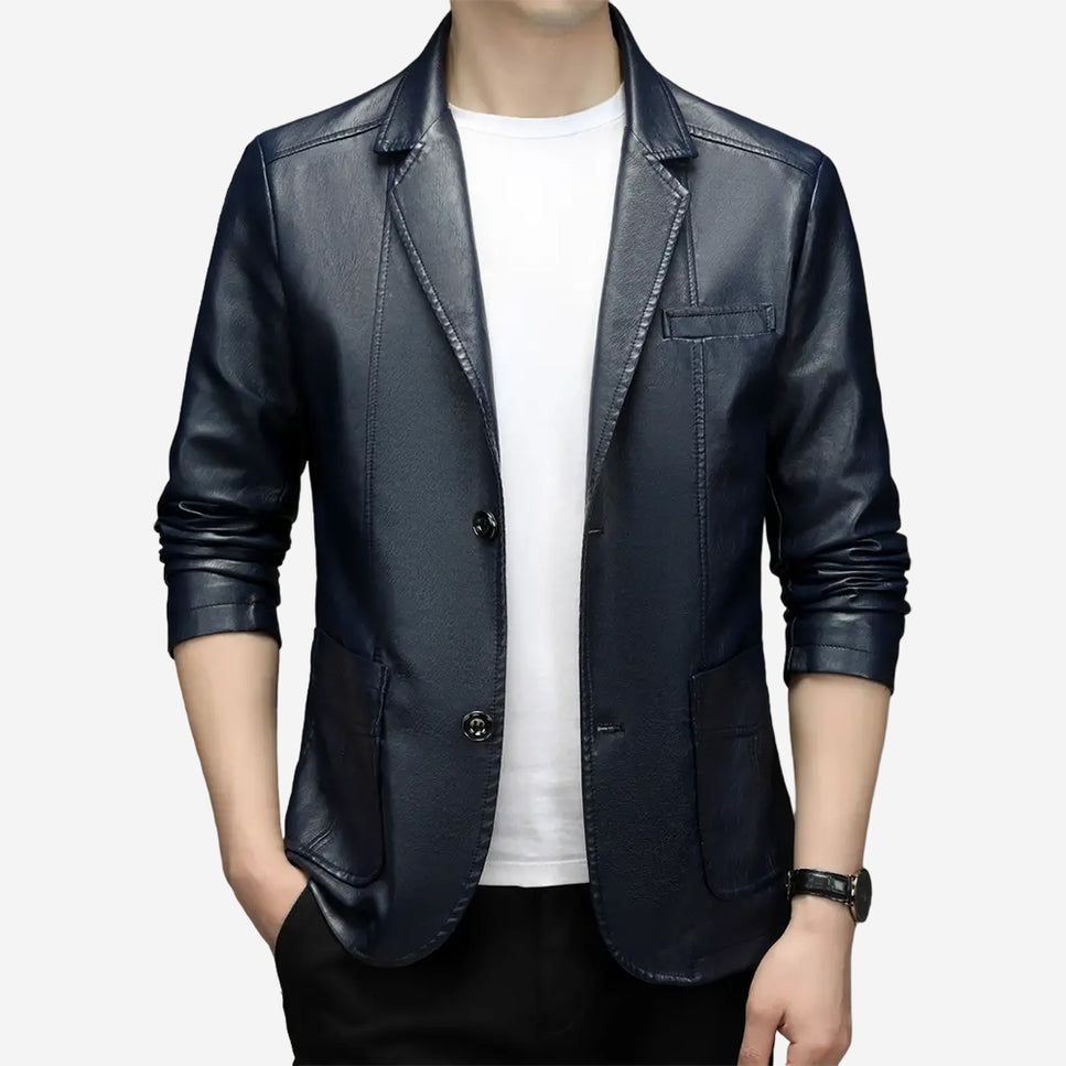 Seamus Mens Blue Leather Blazer