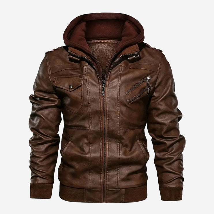 Adler Mens Brown Hooded Leather Bomber Jacket