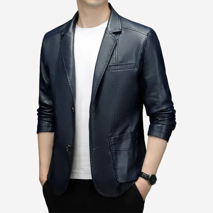 Seamus Mens Blue Leather Blazer